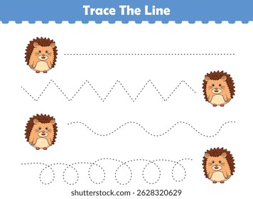 Trace line worksheets for children. Preschool handwriting practice with hedgehog. Vector illustration