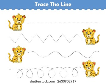 Trace line worksheets for children. Preschool handwriting practice with cheetah. Vector illustration