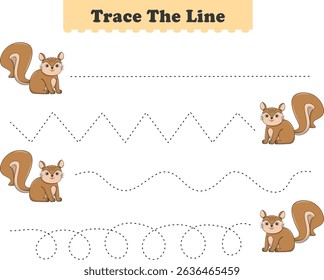Trace line worksheets for children. Preschool handwriting practice with squirrel. Vector illustration