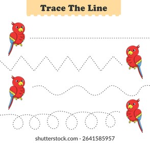 Trace line worksheets for children. Preschool handwriting practice with parrot. Vector illustration