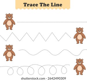 Trace line worksheets for children. Preschool handwriting practice with bear. Vector illustration