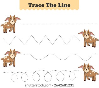 Trace line worksheets for children. Preschool handwriting practice with goat. Vector illustration