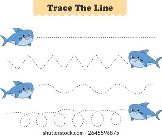 Trace line worksheets for children. Preschool handwriting practice with shark. Vector illustration