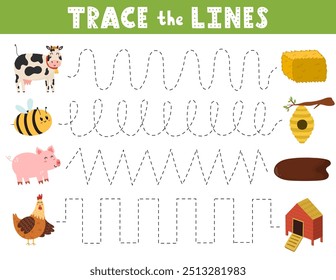 Trace lines activity page with cute farm animals. Handwriting practice worksheet for kids. Educational game for preschool. Vector illustration