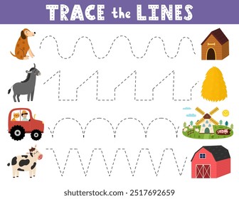 Trace the lines activity page with cute farm animals. Handwriting practice worksheet for kids. Educational game for preschool. Vector illustration