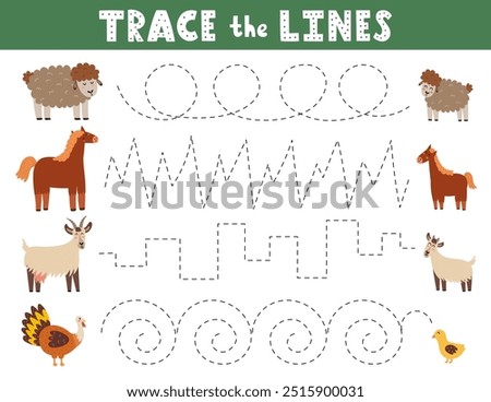 Trace lines activity page with cute farm animals. Handwriting practice worksheet for kids. Educational game for preschool. Vector illustration