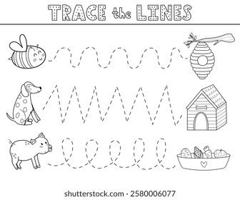 Trace the lines activity page in outline with cute farm animals. Handwriting practice black and white worksheet for kids with bee, pig and dog. Vector illustration