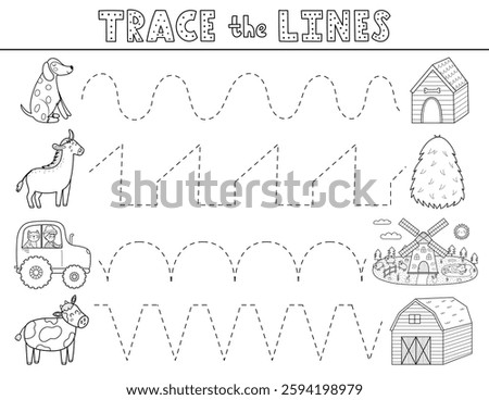 Trace the lines activity page in outline with cute farm animals. Handwriting practice black and white worksheet for kids. Educational game for preschool. Vector illustration