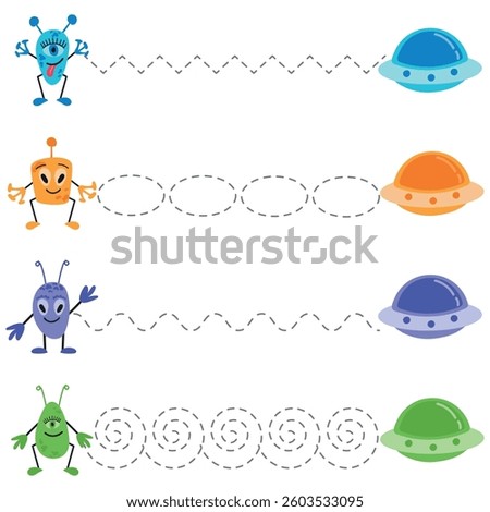 Trace lines from aliens to the flying saucer. Activity page for kids. Handwriting practice worksheet with funny space characters. Educational game for preschool. Vector illustration