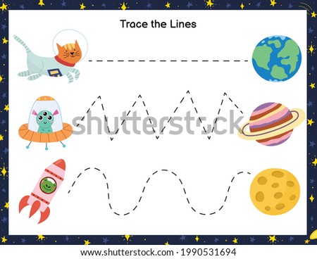 Trace lines from animals astronauts to the planets. Activity page for kids. Handwriting practice worksheet with funny space characters. Educational game for preschool. Vector illustration