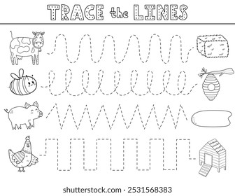 Trace lines black and white activity page with cute farm animals. Handwriting practice worksheet in outline for kids. Educational game for preschool. Vector illustration