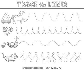 Trace the lines black and white activity page with cute farm animals. Handwriting practice worksheet in outline for kids. Educational game for preschool. Vector illustration