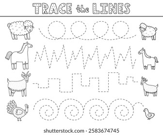 Trace lines black and white activity page with cute farm animals. Handwriting practice worksheet in outline for kids. Educational game for preschool. Vector illustration