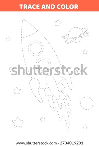 Trace the lines and color. Rocket in space.  Writing practice for kindergarten and preschool. Activity for kids
