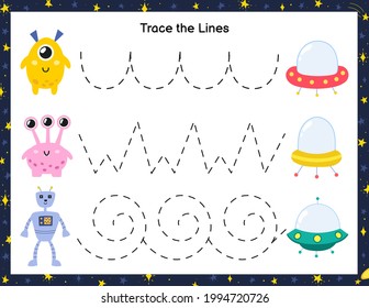 Trace lines from cute aliens to the flying saucers. Activity page for kids. Handwriting practice worksheet with funny space characters. Educational game for preschool. Vector illustration