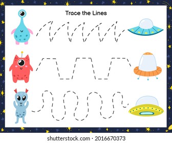Trace lines from cute aliens to the flying saucers. Activity page for kids. Handwriting practice worksheet with funny space characters. Educational game for preschool. Vector illustration