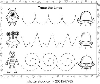 Trace lines from cute aliens to the flying saucers. Activity page for kids. Handwriting practice black and white worksheet with funny space characters. Coloring page for preschool. Vector illustration