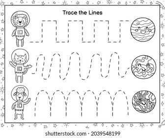 Trace lines from cute animals astronauts to the planets. Black and white activity page for kids. Handwriting practice worksheet with funny space characters. Vector illustration