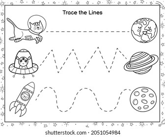 Trace lines from cute astronauts to the planets. Colouring activity page for kids. Handwriting practice black and white worksheet with space characters. Educational game. Vector illustration