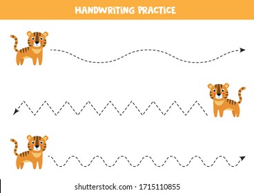 Trace the lines. Cute cartoon tiger. Handwriting practice for kids. Printable worksheet.