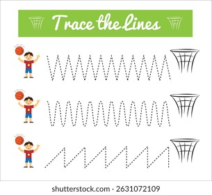 Trace the Lines Game for Children Boy and Basket Ball. Educational material for a preschooler child