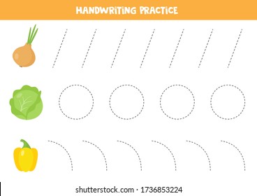 Rastrear las líneas. Práctica de escritura a mano para niños. Cebolla vectorial de dibujos animados, col y pimienta búlgara amarilla. líneas de seguimiento. Juego educativo para preescolares. Aprende a escribir.
