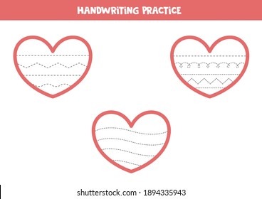 Trace the lines inside the valentine hearts. Handwriting practice for kids.