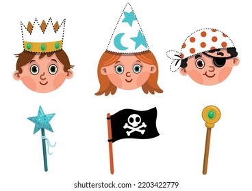 Trace the lines on each child's hat with a pencil and match them with the right accessory. Vector illustration for preschool children.