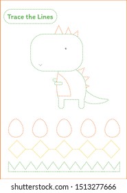 Trace the Lines - Worksheet for handwriting practice - Dinosaur