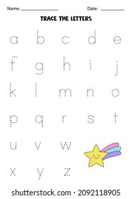 Trace lowercase letters of alphabet. Worksheet with cute kawaii star.