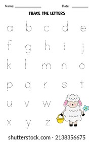 Trace lowercase letters of alphabet. Worksheet with cute Easter sheep.