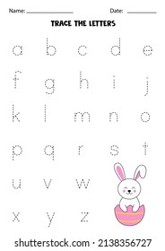 Trace lowercase letters of alphabet. Worksheet with cute Easter bunny.