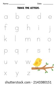 Trace lowercase letters of alphabet. Worksheet with cute bird on branch.