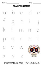 Trace lowercase letters of alphabet. Worksheet with cartoon Mexican skull.