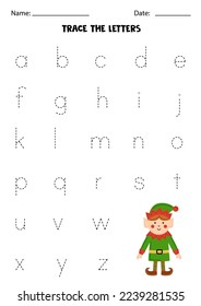 Trace lowercase letters of alphabet. Worksheet with cute elf.