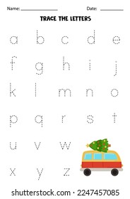 Trace lowercase letters of alphabet. Worksheet with Christmas van.