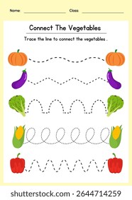 Rastrear e combinar pares de vegetais planilha para jardim de infância ou pré-escola. Rastrear linhas para conectar legumes correspondentes. Desenvolver habilidades motoras e rastreamento visual.