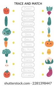 Rastrear y hacer coincidir las palabras con las imágenes correctas. Verduras divertidas. Alimentos saludables. Juego educativo para niños de preescolar. Aprender vocabulario inglés. Hoja de cálculo de coincidencia de nombres. Ilustración vectorial.