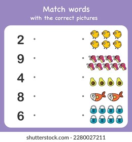 Trace and match words with pictures. Educational worksheet for preschool