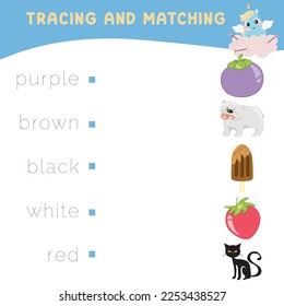 Trace and match words with pictures. Exercise for children to recognize color. Educational worksheet for preschool. Vector file. 