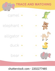 Trace and matching words with images. Educational printable worksheet. Cute animal worksheet theme. Preschool Education. Vector illustration.