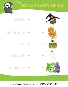 Trace and matching words with images. Educational printable worksheet. Cute halloween worksheet theme. Preschool Education. Vector illustration.