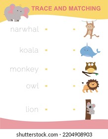 Trace and matching words with images. Educational printable worksheet. Cute animal worksheet theme. Preschool Education. Vector illustration. Printable worksheet for toddlers trace and matching 