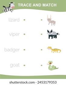 Trace and matching words with images. Educational printable worksheet. Writing the letters in English. Kids educational game. Printable worksheet for preschool. 