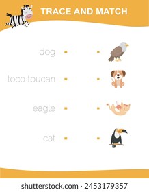 Trace and matching words with images. Educational printable worksheet. Writing the letters in English. Kids educational game. Printable worksheet for preschool. 
