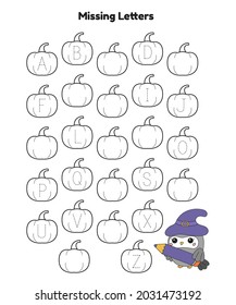 Trace the missing alphabet letters. Activity printable worksheet. Halloween theme. Cartoon kawaii owl with witch hat. Educational game for kindergarten children. Vector illustration.