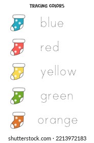 Trace names of basic colors with Christmas sock. Handwriting practice for preschool kids.