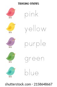 Trace names of basic colors with cute bird. Handwriting practice for preschool kids.