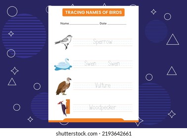 Trace the names of birds. Handwriting practice for preschool kids