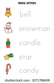 Trace the names of Christmas elements. Handwriting practice for preschool kids.